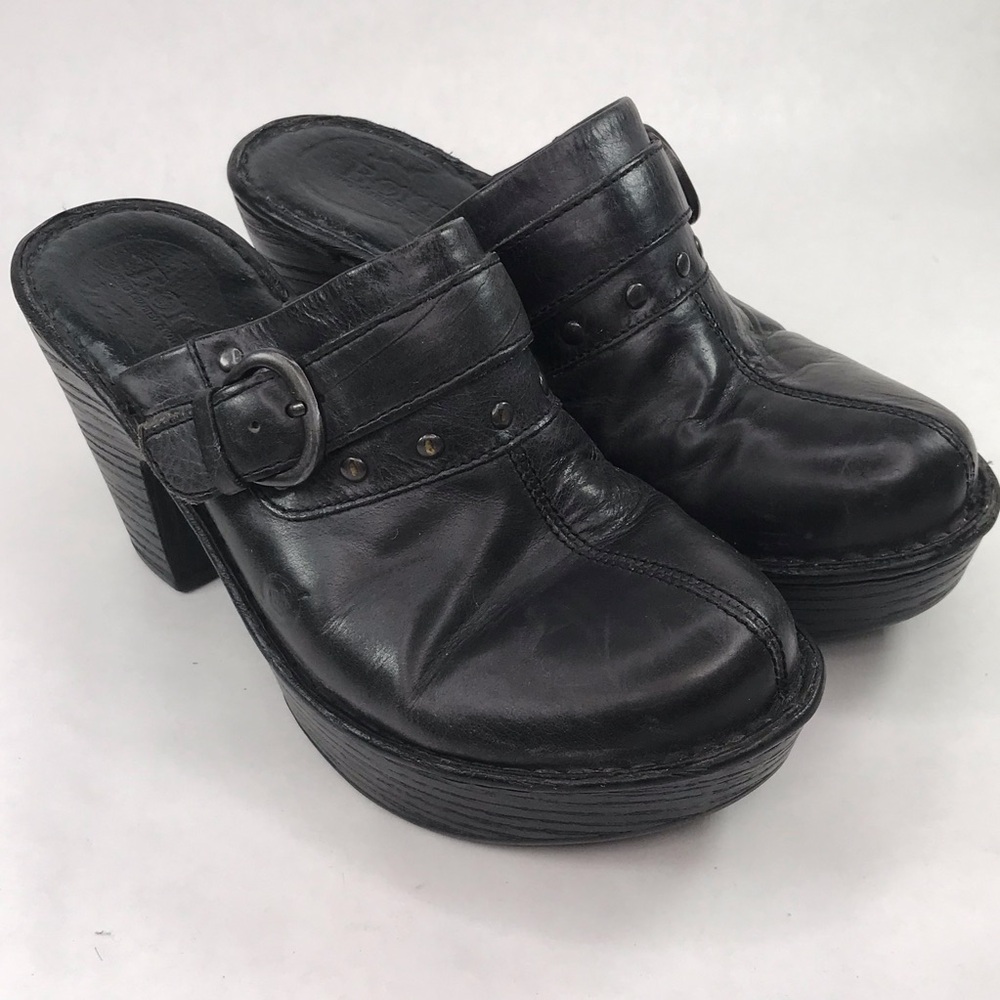 BORN Women's Size 6 36.5 Black Leather Platform Clogs Slides Shoes Heels Buckle